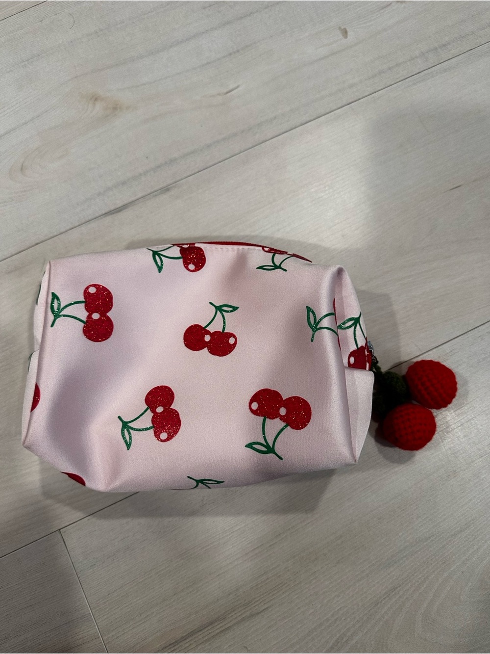 Ulta Beauty Pink Cherry Print Makeup Pouch with Red Cherry Charm